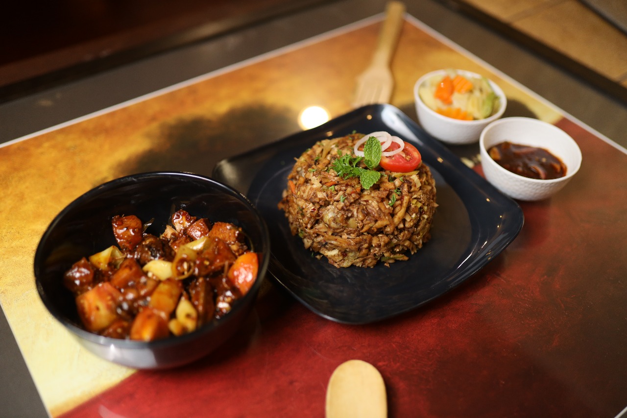 Hotel lobby with chandelier